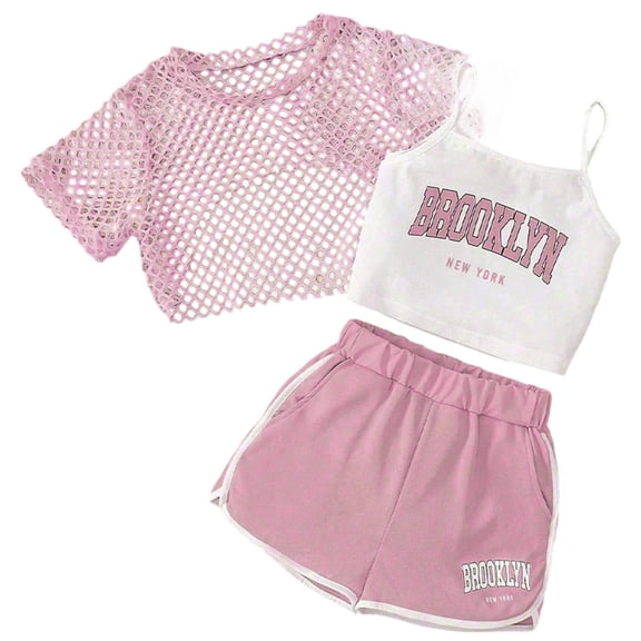 Gaexia Girls Outfits 3 Piece Set Cute Letter Print Sleeveless Top Mesh Short Sleeve Tee And Shorts Summer Casual Outfit For Toddler Kids,Pink,120/6Y