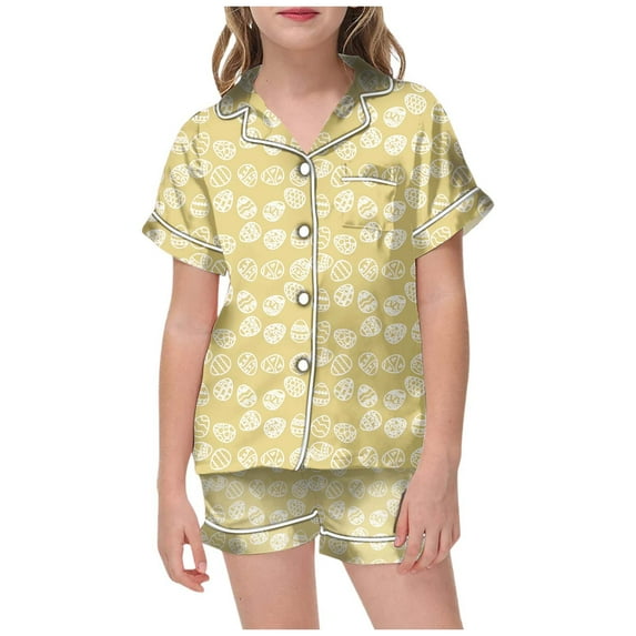 Gaexia Girls Pajamas Silky Pjs for Girls Valentine's Day Satin Sleepwear 2 PCS Button-Down Top and Shorts for Kids Girl Pajamas