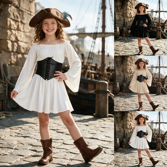 Gaexia Girls Pirate Dress Flowy Off Shoulder Bell Sleeve Corset Belt with Tricorn Pirate Hat Outfit for Kids