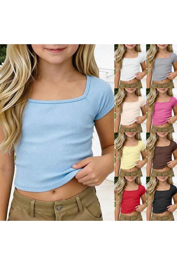 Girls Ribbed Knit Crop Top Short Sleeve Tee Square Neck Raglan Basic Casual Shirt For Kids Toddler Youth (Black,5-6 Years)