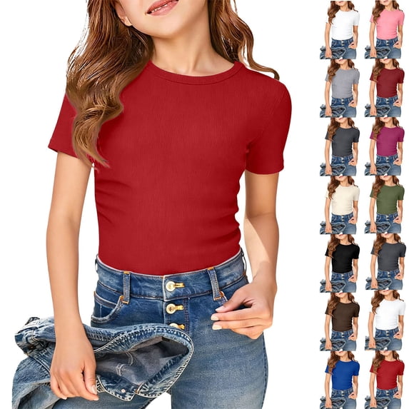 Gaexia Girls Ribbed Knit Short Sleeve Crewneck Tee Soft Casual Basic Top For Toddler Comfortable Girls Clothes (Beige,7-8 Years)