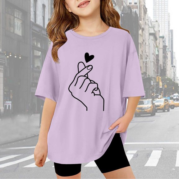 Gaexia Girls Shirt Short Sleeve Letter Print T Shirt Top Kids Oversized Back To School Tops for Girls Vacation Casual Summer Tops School Uniform,Light Purple
