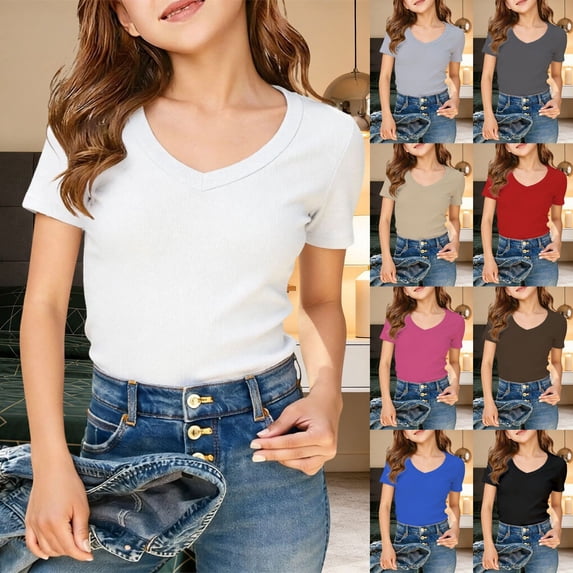 Gaexia Girls Short Sleeve Ribbed V Neck T Shirt Comfortable Casual Tops For Big Kids And Tweens Soft Breathable Girls Fashion (Light Gray,9-10 Years)