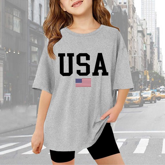 Gaexia Girls Short Sleeve Shirts Letter Print Kids Tee Tops Summer School Clothes for Kids Casual Summer Blouse for Girls School Uniform,Grey