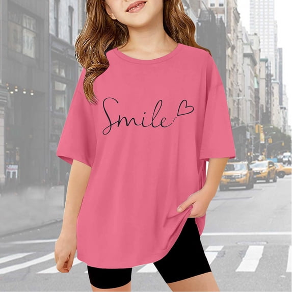 Gaexia Girls Short Sleeve White Shirt Letter Graphic Kids Tee Tops Pull-On Cute Back To School Outfits for Girls Birthday Summer Blouse for Girls School Uniform,Hot Pink