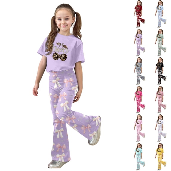 Gaexia Girls Short-Sleeved Suit,Girls Two Piece Outfit Short Sleeve Top and Wide Leg Pants With Bow Cherry Print Casual Summer Fashion Clothes,12-13 Years