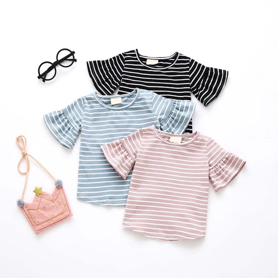 Gaexia Girls Striped Sleeve Tee Casual Round Neck Blouse Toddler Summer Top (Blue,18-24 Months)