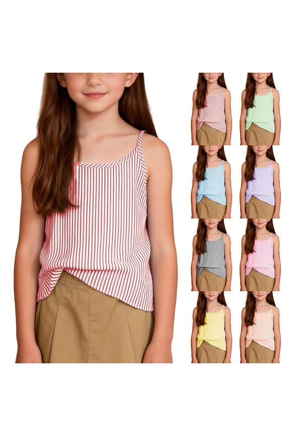 Girls Summer Casual Lightweight Sleeveless Tank Top With Striped Design For Cool Playful Style (Red,11-12 Years)