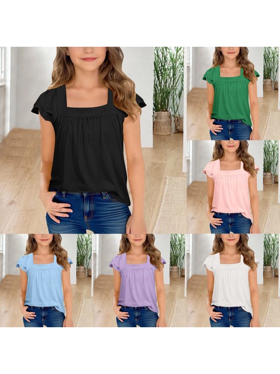 Girls Summer Casual Short Sleeve Top With Hollow Out Lace Flutter Design Comfortable Round Neck Tee For Big Kids (Blue,9-10 Years)