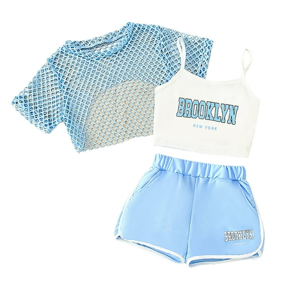 Gaexia Girls Summer Outfits 3 Piece Set Casual Loose Fit Sleeveless Top Shorts Combo For Outdoor Activities Age 8 14 Comfortable Breathable Playwear,Light Blue,150