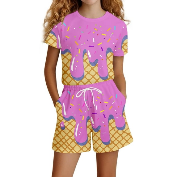 Gaexia Girls Summer Outfits Size 7/8 Solid Color Short Sleeve Clothes Casual T-Shirt Shorts Set 2 Piece Clothes Set Toddler Girls