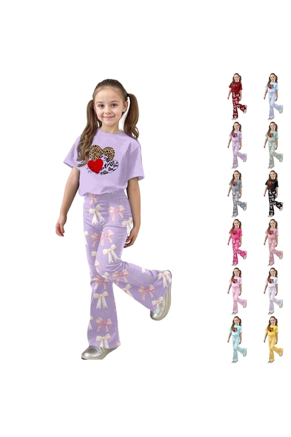 Girls' Summer Pant Set,Valentine's Day Girls Outfit Cute Bow Heart Print Short Sleeve Top With Flare Leg Pants Toddler Two Piece Matching Fashion Clothes,12-13 Years