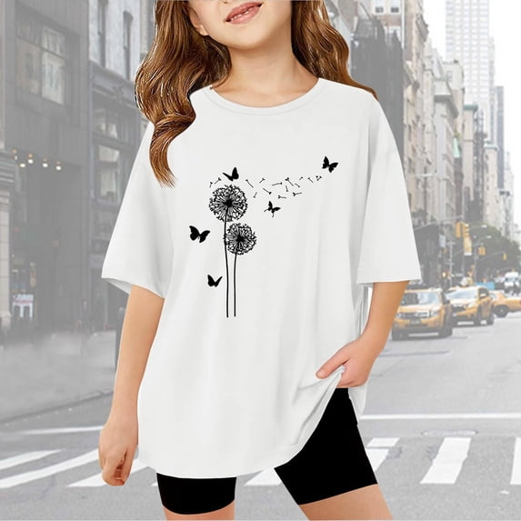 Gaexia Girls Summer Tops Size 7/8 Letter Graphic Kids Tee Tops Modern Fit Girls Back To School Clothes Vacation Casual Summer Tops School Uniform,White