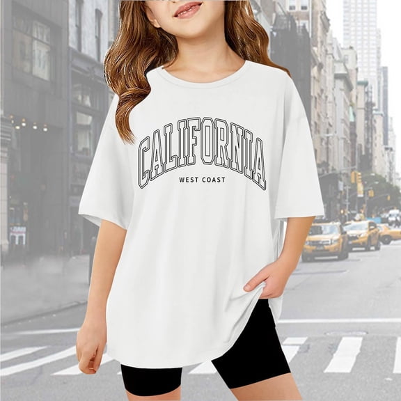 Gaexia Girls Summer Tops Size 8 Printed Round Neck Basic Layering Tee Pull-On Back To School Supplies Vacation Summer Blouse for Girls School Uniform,White