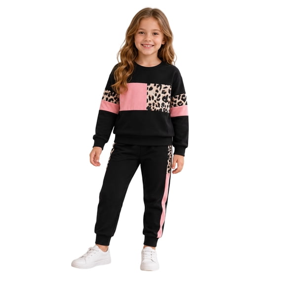 Gaexia Girls Tracksuit Leopard Print Long Sleeve Set, Matching Joggers Two Piece Outfit, Cozy Athletic Wear for Fall Winter