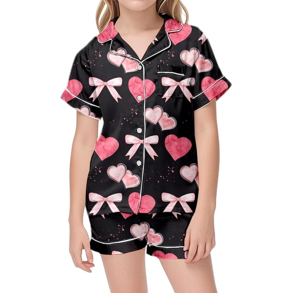 Gaexia Girls Valentine's Day Printed Lapel Short Sleeve Top Comfortable Shorts Pajamas Set Comfortable Breathable Home Wear Pajamas Silky Short Sleeve Long Pants Cute Jammies Satin Sleepwear Pjs Set
