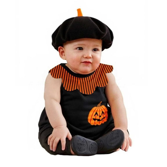 Gaexia Halloween Baby Outfit, Sleeveless Cartoon Bodysuit for Boy Girl, Romper with Hat Set,A01-Black,12-18 Months