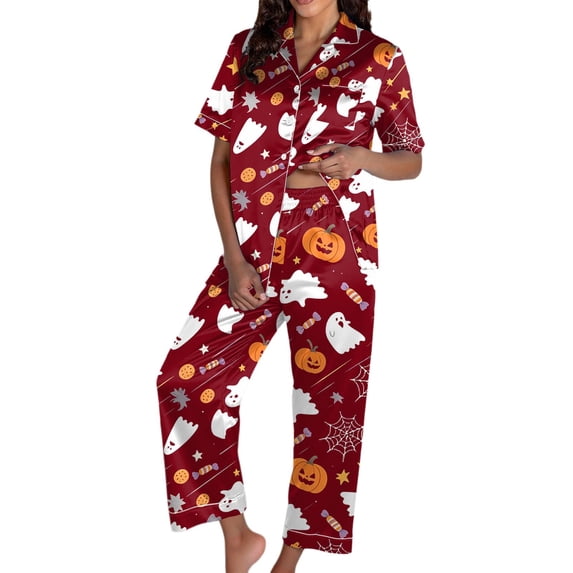 Gaexia Halloween Fun Print Pajama Set for Women Short Sleeve Long Pants Satin V-Neck Button Down Sleepwear Loungewear Pajama Set
