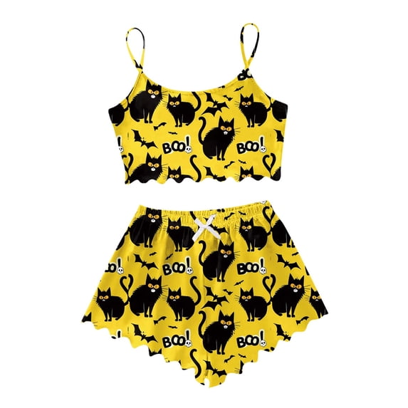 Gaexia Halloween Pajamas For Women Plus Size Short Set Halloween Print Shorts Lovely Lounge Homewear Cami Top Short Sets Yellow,L