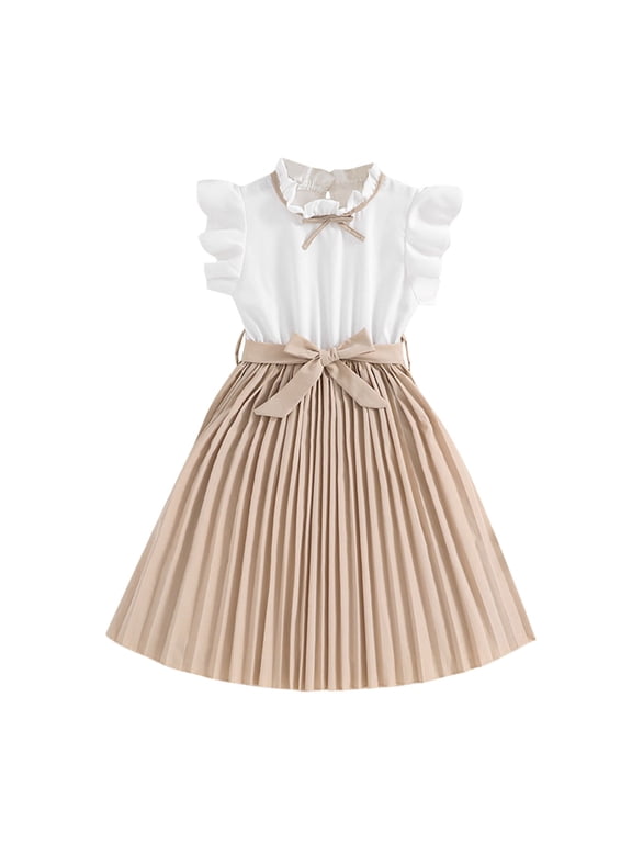 Girls Dresses ,Kids Children Girls Summer Sleeveless Patchwork Color Dress With Belt Casual Dress For Girls (Khaki,9-10 Years)