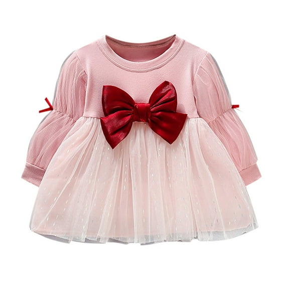 Gaexia Kids Christmas Outfits,Toddler Baby Girls Dress Christmas Party Long Sleeve Bowknot Tulle Princess Dresses,Pink,12-18 Months