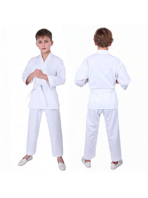 Kids Karate Uniform Set, White Taekwondo Gi with Belt and Pants for Training 3-16Y, Soft Polyester Fabric, for Daily Casual Wear