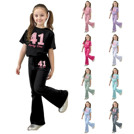 Gaexia Kids Lounge Set,Girls Casual Fashion Outfit With Bow Short Sleeve Top and Long Pants Playwear Comfy Daily Wear Toddler Kids Two Piece Fashion Clothes,8-9 Years