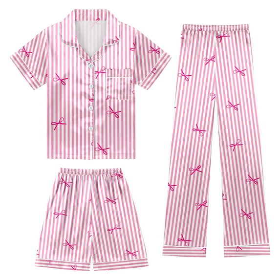 Gaexia Kids Silk Pajamas 3 Piece Girls Boys Satin Pajamas Set Button-Down PJs Set Soft Loungewear Short Sleeve Sleepwear
