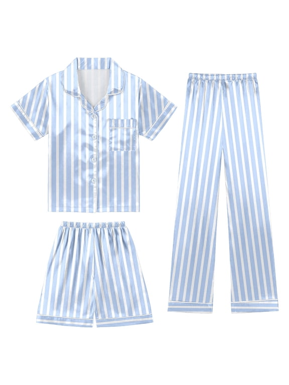 Kids Silk Pajamas 3 Piece Girls Boys Satin Pajamas Set Button-Down PJs Set Soft Loungewear Short Sleeve Sleepwear