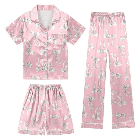 Gaexia Kids Silk Pajamas 3 Piece Girls Boys Satin Pajamas Set Button-Down PJs Set Soft Loungewear Short Sleeve Sleepwear