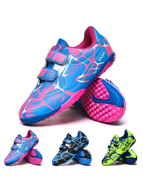 Kids Soccer Shoes Turf Cleats Boys Girls Hook Loop Strap Indoor Training Sneakers Rubber Stud Sole Football Shoes