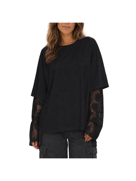 Lace Cut Out T-Shirt for Women Long Sleeve Crew Neck Loose Fit Top for Everyday Casual Wear Tee Shirt