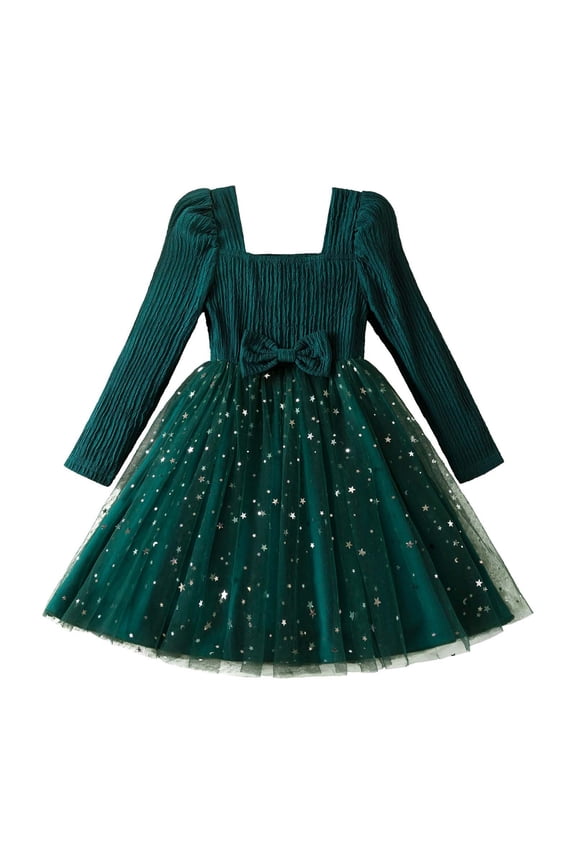Little Girl Fall Dress,Girls Long Sleeve Dress With Bow Tie Star Sequins Party Holiday Formal Gown For Toddler Kids Casual Beach School Occasion,Green,4-5 Years