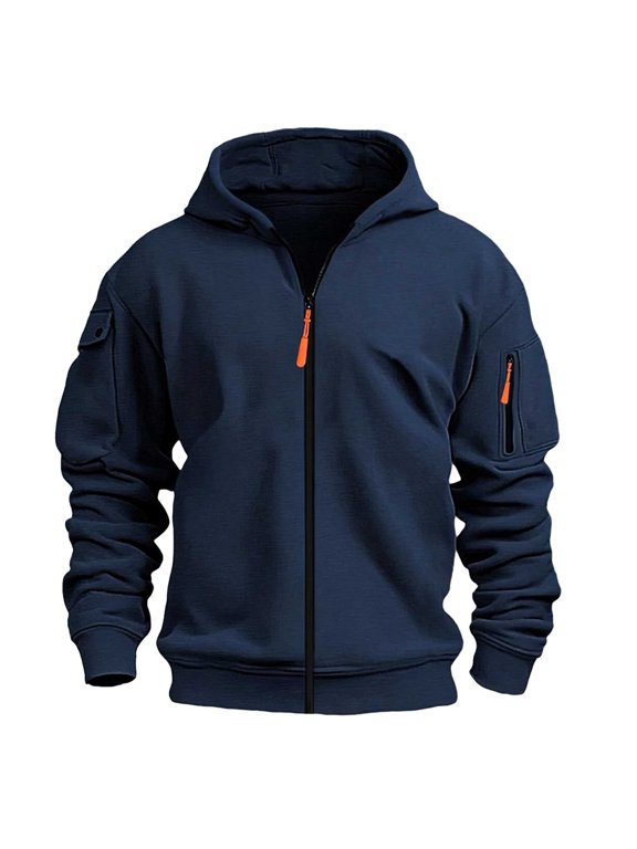 Men's Zip Up Hoodie Sweatshirt Embroidered Badge Detail With Pocket Casual Hooded Jacket Comfortable Athletic Outerwear For Outdoor Sports And Daily Wear