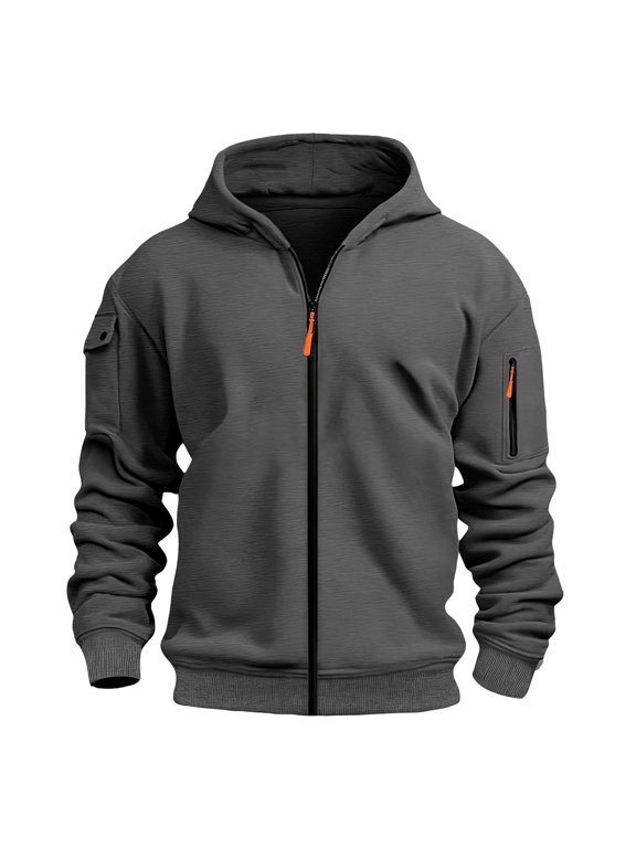 Men's Zip Up Hoodie Sweatshirt Embroidered Badge Detail With Pocket Casual Hooded Jacket Comfortable Athletic Outerwear For Outdoor Sports And Daily Wear