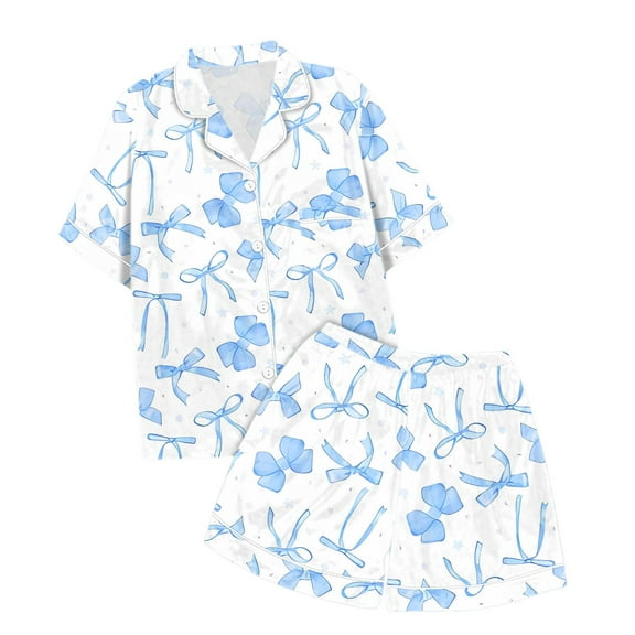 Gaexia Pajamas for Girls Set Silk Cute Pjs for Teen Girls Preppy Kids Short Sleeve Shirts and Shorts 2 Piece Bow Print Satin Sleep Suit Clothes
