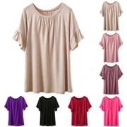 Gaexia Pleated Round Neck Ruffled Short Sleeve Oversized Casual Womens T Shirt Blouse Soft Loose Fit Summer Top Tee Dark Purple,XXL