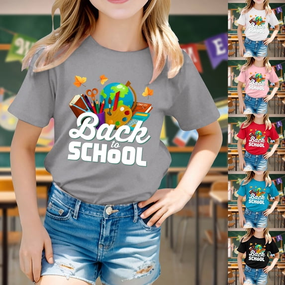 Gaexia School Clothes Girls Short Sleeve T Shirt Summer Soft Comfortable Back To Kids Tops Cute Patterned Tees (White,6-7 Years)