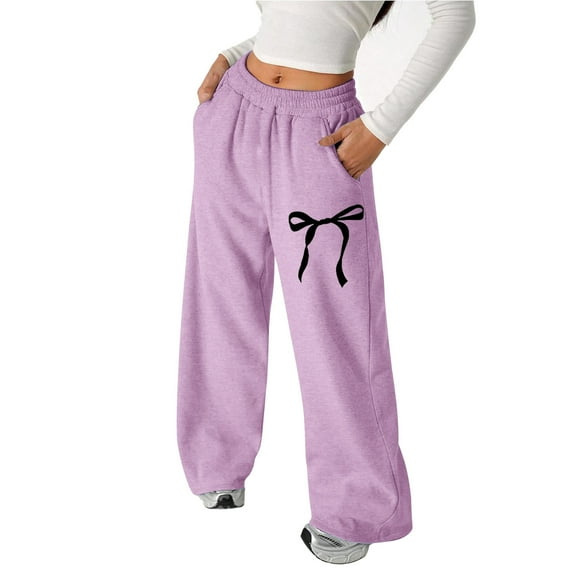 Gaexia School Uniform Girl's Bowknot Baggy Sweatpants Lightweight Straight Leg Athletic Pants With Pockets