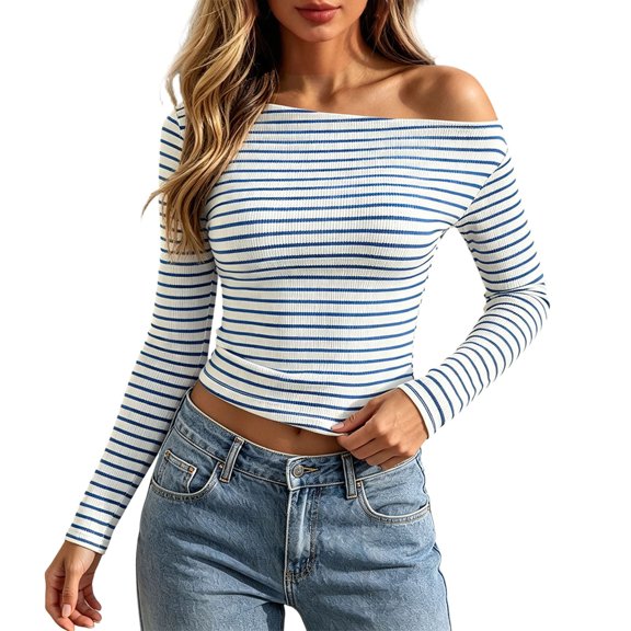 Gaexia Striped Off Shoulder T-Shirt for Women Long Sleeve Loose Fit Fashion Top for Everyday Casual Wear Tee Top