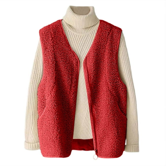 Gaexia Sweater Vest Women,Shearling Vest Outerwear Coat Casual Winter Warm Lined Sleeveless Jacket Fashion Alternative Stand Collar Button Front Pockets