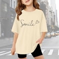 thumbnail image 1 of Gaexia Girls Short Sleeve Letter Graphic Cotton Tee Tops Active Fit Back To School Outfits for Kids Graduation Casual Summer Tops School Uniform,Beige, 1 of 6