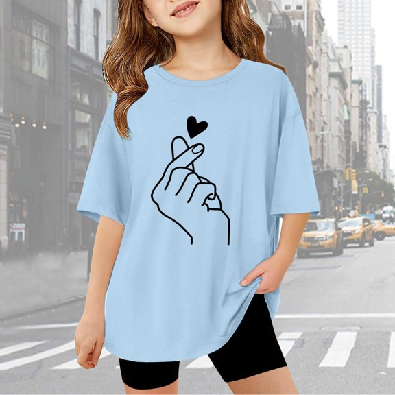 Gaexia Teen Girls Short Sleeve T-Shirts Floral Print Loose Soft Blouse T-Shirt Loose Back To School Clothes Teen Birthday Casual Summer Tops School Uniform,Sky Blue