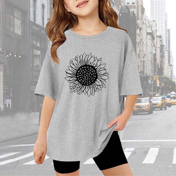 Gaexia Girls Short Sleeve Tops Letter Print Blouse Tops Loose Back To School Birthday Girl Clothes Outifit School Uniform,Grey