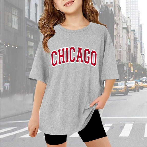 Gaexia Girls Summer Top Letter Print T Shirt Top Kids Loose Back To School Clothes for Holiday Summer Blouse for Girls School Uniform,Grey