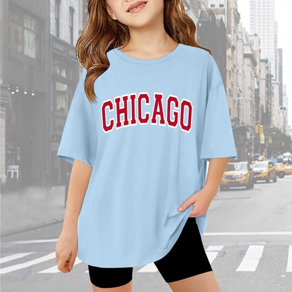 Gaexia Girls Summer Top Printed Round Neck Blouse Tops Oversized Back To School Outfits for Girls Holiday Girl Clothes Outifit School Uniform,Light Blue