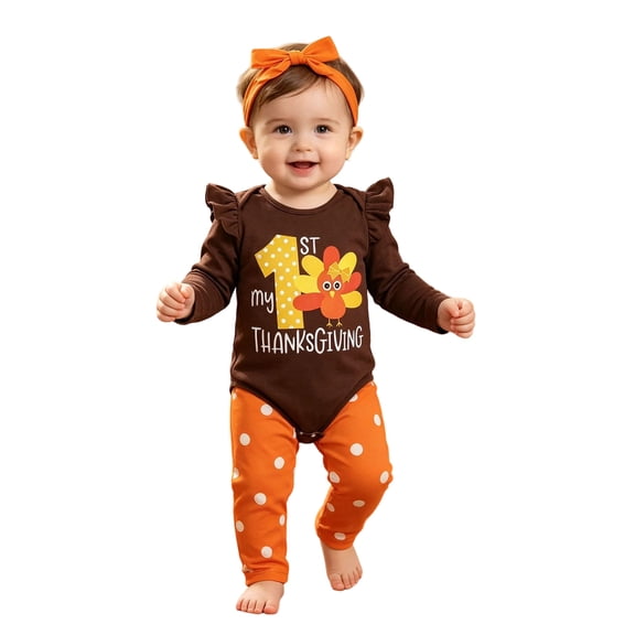 Gaexia Thanksgiving Baby Girl Outfit Set, My First Thanksgiving Romper with Polka Pants Headband, Cute Fall Holiday Clothes for