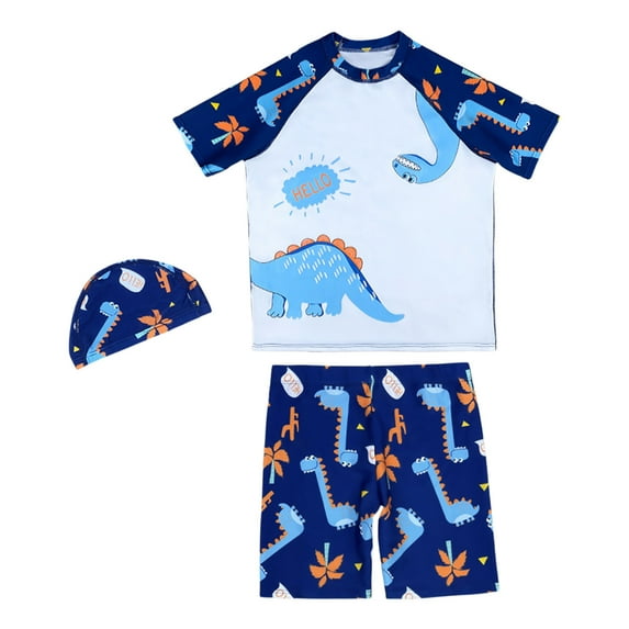 Gaexia Toddler Boys Swim Set Rash Guard Dolphin Print Long Sleeve Swimming Trunks Bathing Suit with Hat Lightweight Swimwear Set Surfing Boating (h-Blue,4-5 Years)