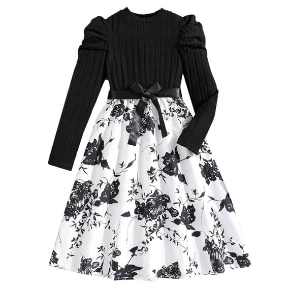 Gaexia Toddler Dresses Long Sleeve,Girls Dresses Spring Summer Floral Print Knit Blend Long Sleeve Vintage Style Dress For Big Girls Age 7 12 Outdoor Casual Party Photo,Black,7-8 Years