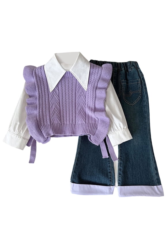 Toddler Fall Outfits For Girls ,Girls Spring Outfit Set Stylish Knitted Vest Long Sleeve Shirt Denim Jeans 3 Piece Casual Wear for Toddler Kids Age 2-8 Years